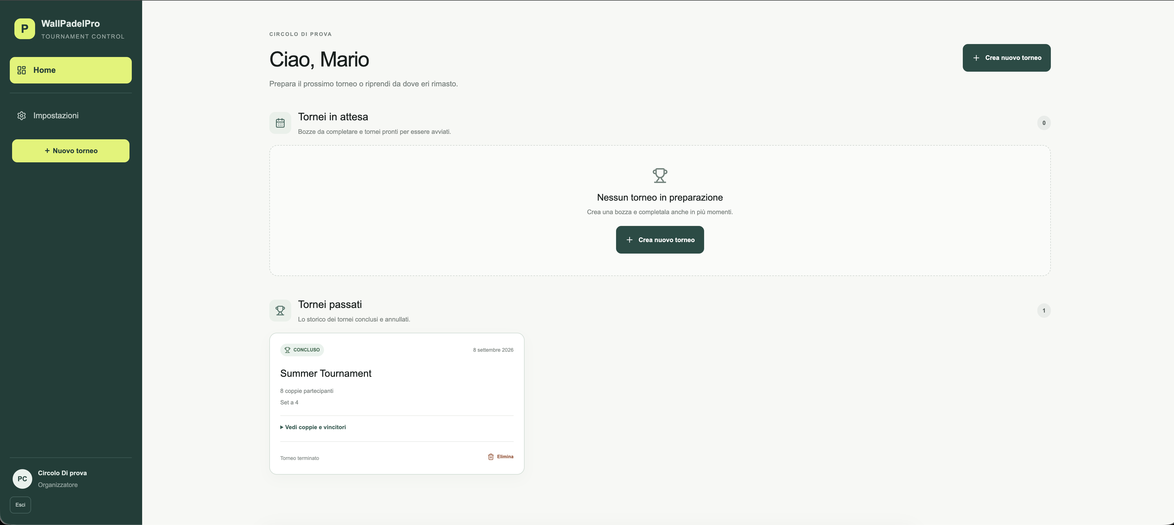 Pagina principale di WallPadelPro con il torneo in corso, i tornei in attesa e lo storico