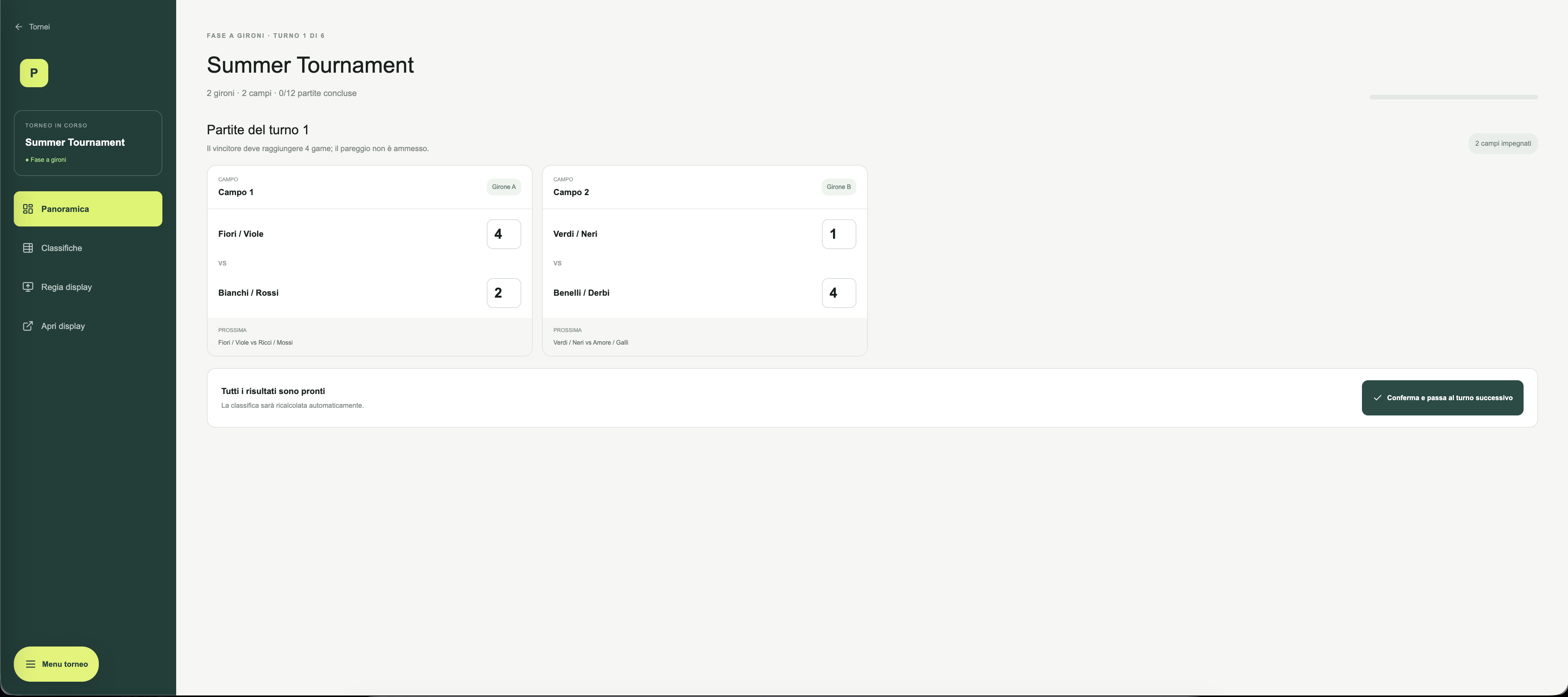 Gestione del torneo in WallPadelPro: partite del turno su quattro campi con inserimento punteggi